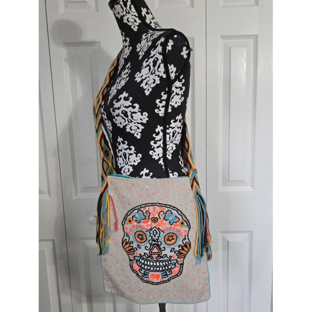 Boho Sugar Skull Beaded Crossbody Bag Woven Tassel Strap Calavera Festival Purse